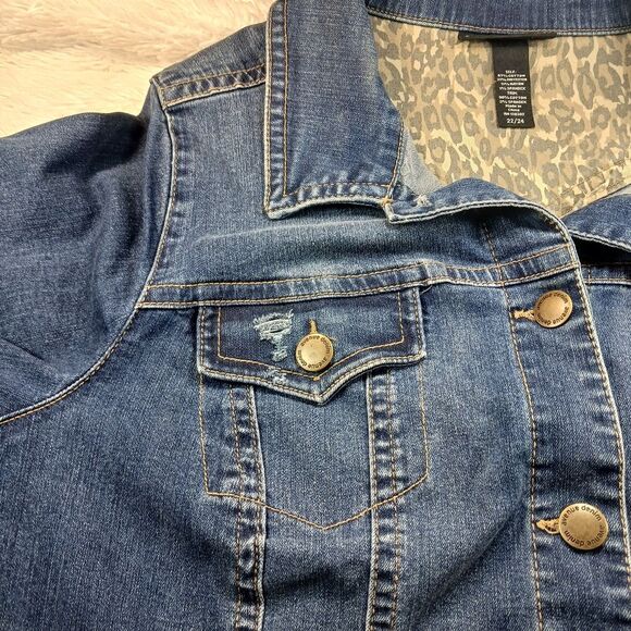 Avenue Denim Trucker Jacket Women's 22/24. Distressed with Leopard Print Cuffs.. - Picture 11 of 14